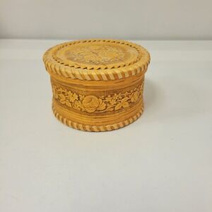 Vintage Birch Bark Round Trinket Box Floral Carving‎ Keepsake Jewelry Organizer